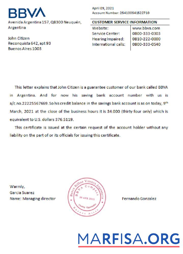 Realistic Argentina BBVA bank reference sample